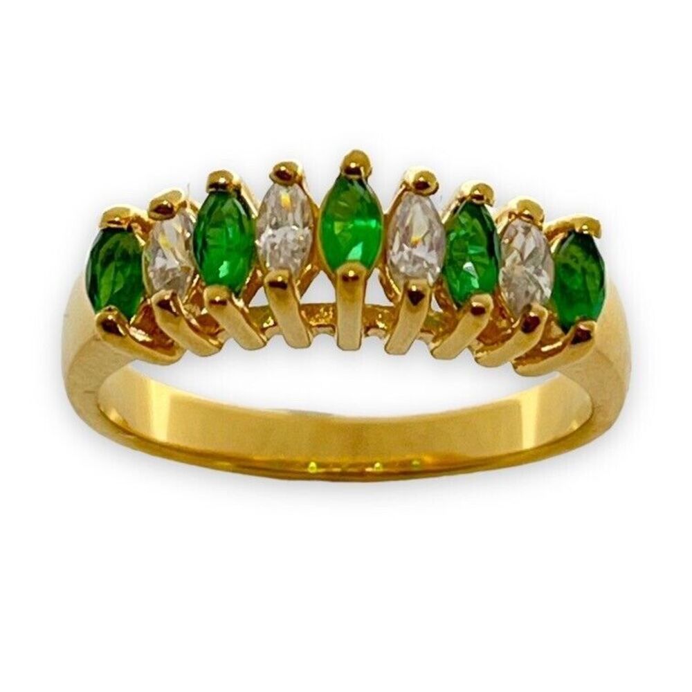 Vintage Ring Size 9 Green & Clear Cubic Zirconia Band Mid-Century 1M